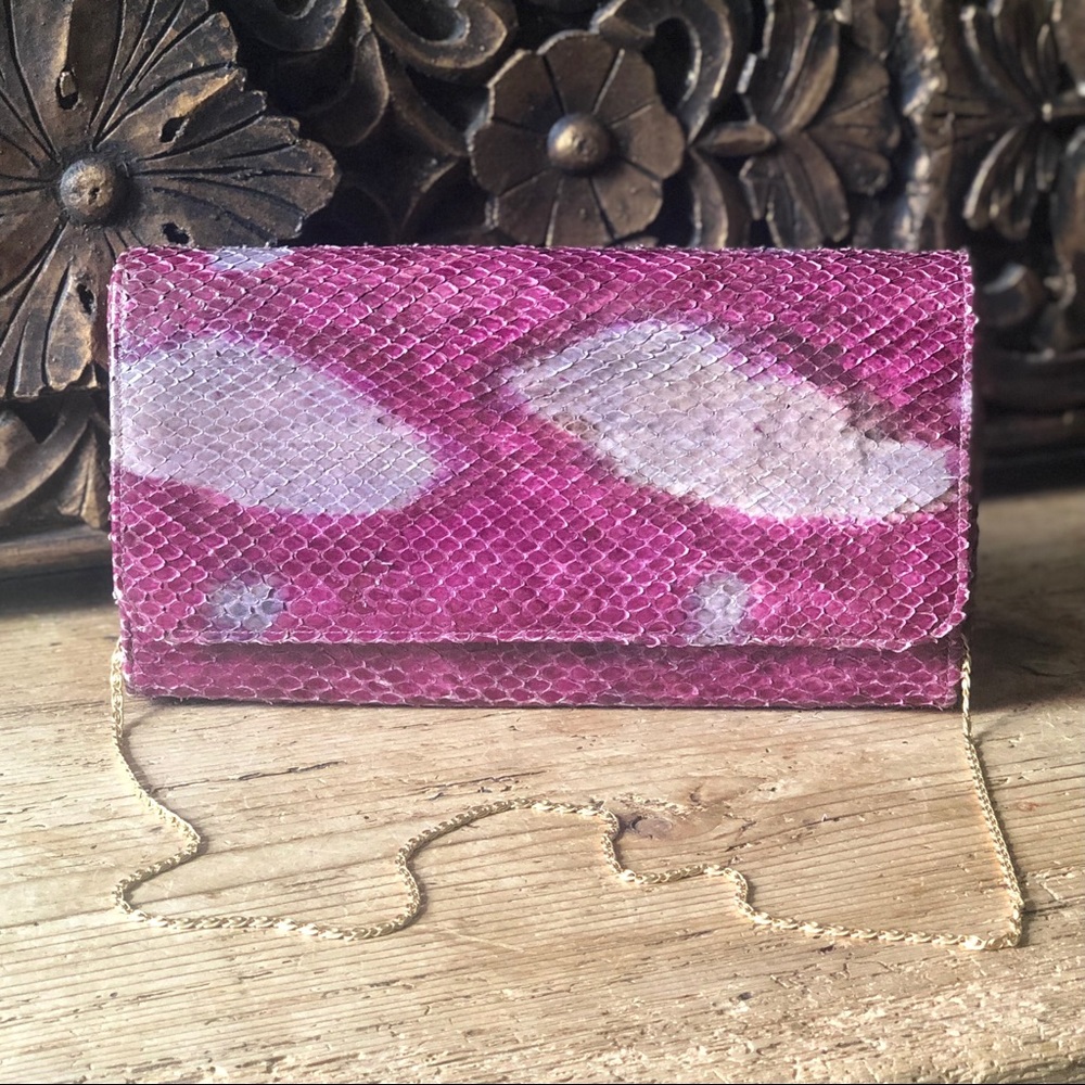 Vtg Purple Python Snakeskin Gold Chain Clutch Bag